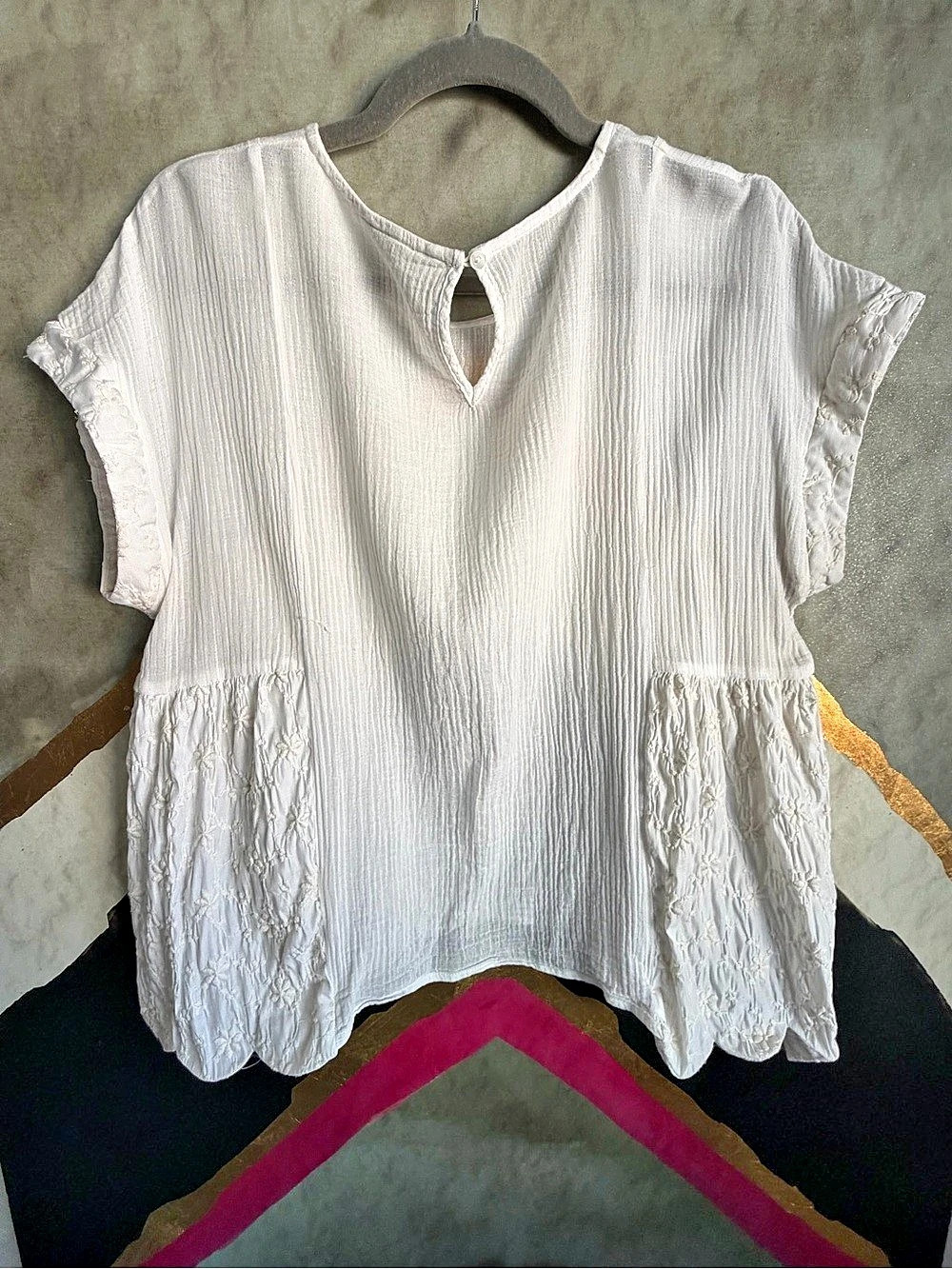 Free People Hem & Thread Embroidered Scalloped Blouse in White Size Small